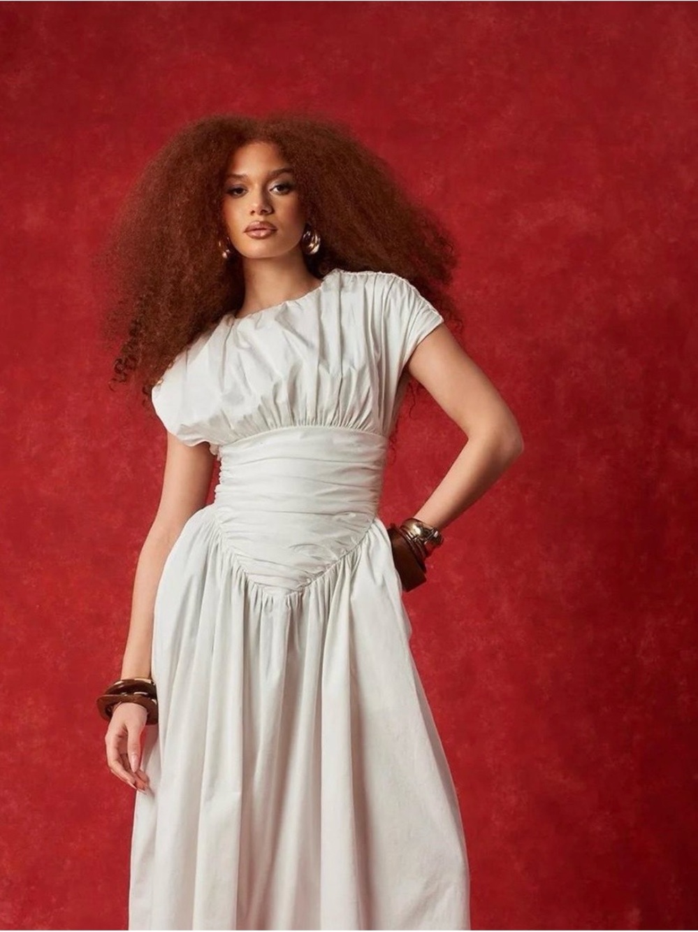 Kai Collective Adesuwa Elegant White Ruched-Waist Maxi Dress
